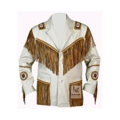 Men’s white cowboy suede jacket with fringes and decorative beadwork