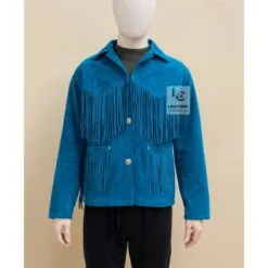Women’s turquoise suede V-yoke fringe western jacket with fringed front pockets