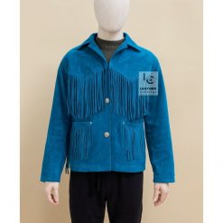 Blue Suede Leather Western Jacket with Long Fringes – Vintage Rodeo Cowboy Style Coat for Men
