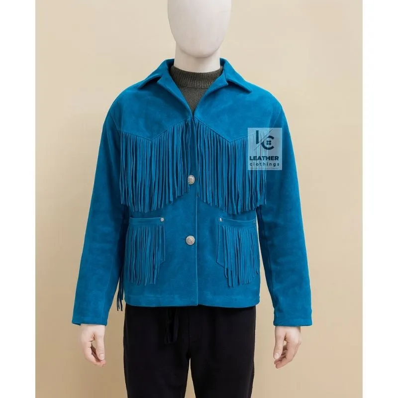 Women’s turquoise suede V-yoke fringe western jacket with fringed front pockets