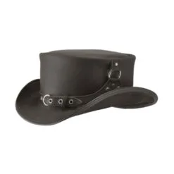 Black leather steampunk top hat with harness strap band and metal D-ring accents