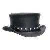 Black leather top hat with silver rivet band and outlaw rider styling