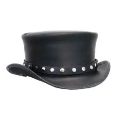 Black leather top hat with silver rivet band and outlaw rider styling