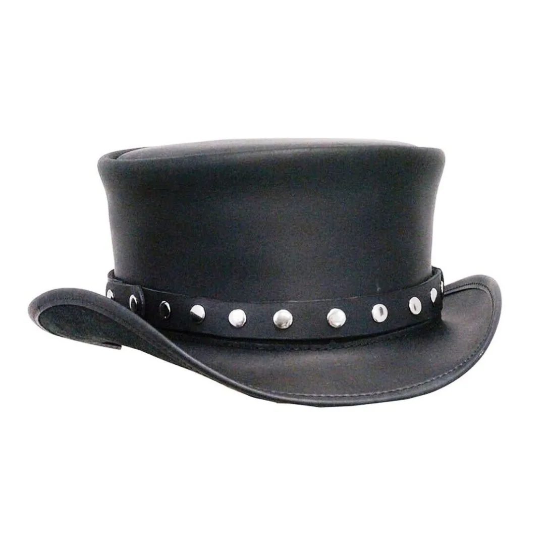 Black leather top hat with silver rivet band and outlaw rider styling