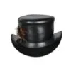 Black leather top hat with decorative feather accent and Victorian steampunk styling