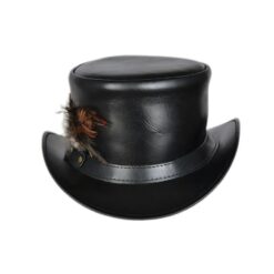 Black Leather Top Hat With Feathers Band, TH127