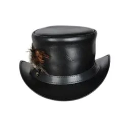 Black leather top hat with decorative feather accent and Victorian steampunk styling
