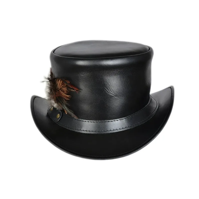 Black leather top hat with decorative feather accent and Victorian steampunk styling