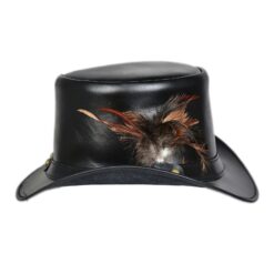 Black Leather Top Hat With Feathers Band, TH127