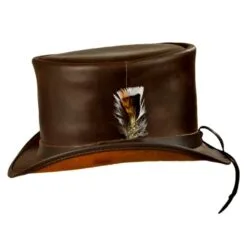 Tan Brown Leather Top Hat With Feathers Band, TH126