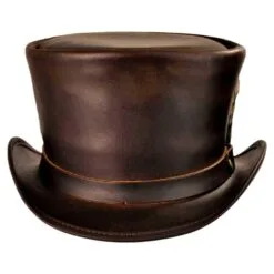 Tan Brown Leather Top Hat With Feathers Band, TH126