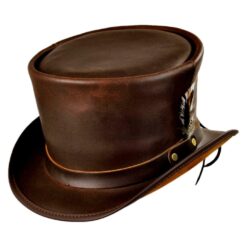 Tan Brown Leather Top Hat With Feathers Band, TH126