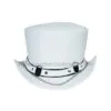 White leather top hat with SR2 chain band, metal rings, and decorative chain accents