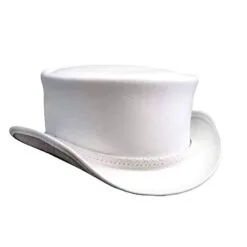 White leather top hat with Ghost Rider braided band and curved Western brim