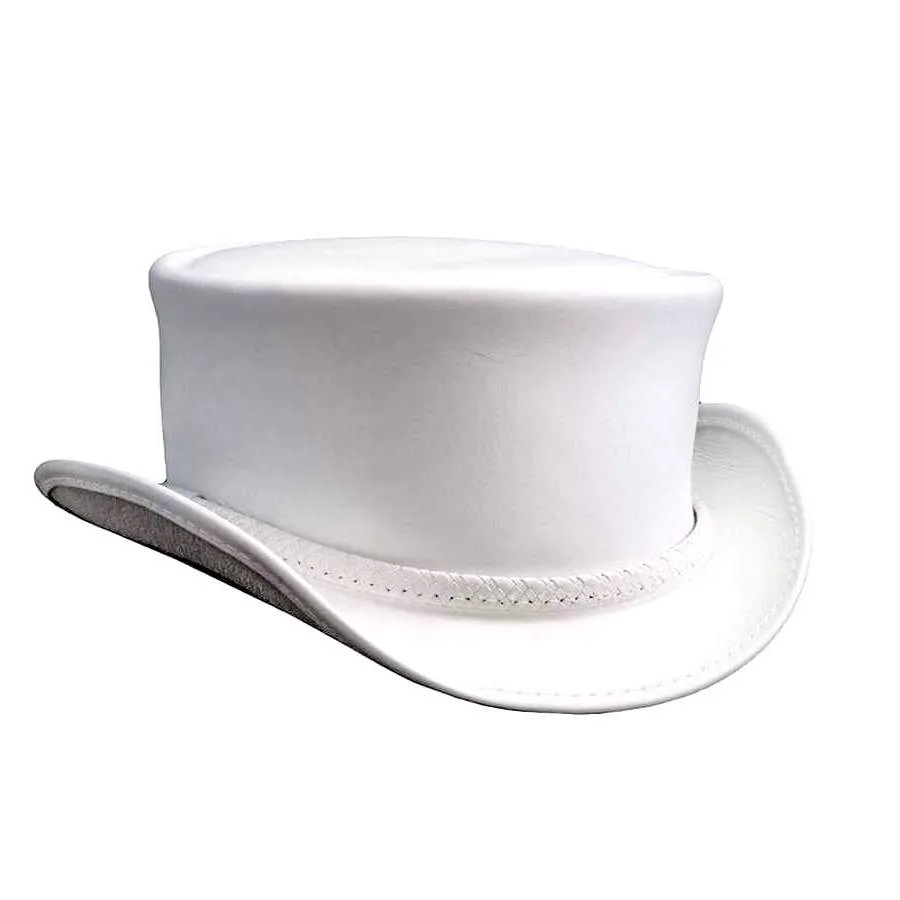 White leather top hat with Ghost Rider braided band and curved Western brim