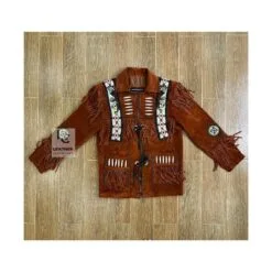 Men's reddish suede eagle beaded fringe jacket with decorative bone accents and lace-front closure