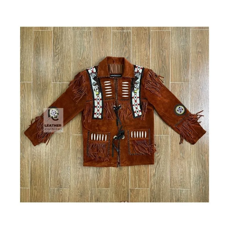Men's reddish suede eagle beaded fringe jacket with decorative bone accents and lace-front closure