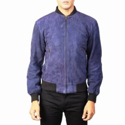 Men's Blue Suede Bomber Jacket, MBJ1B3 1