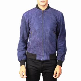 Men's Blue Suede Bomber Jacket, MBJ1B3 1