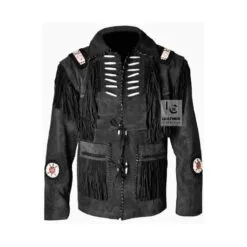 Men's black cowhide suede Western jacket with fringe, bone-style chest lacing, whip-stitched trim, and concho medallions