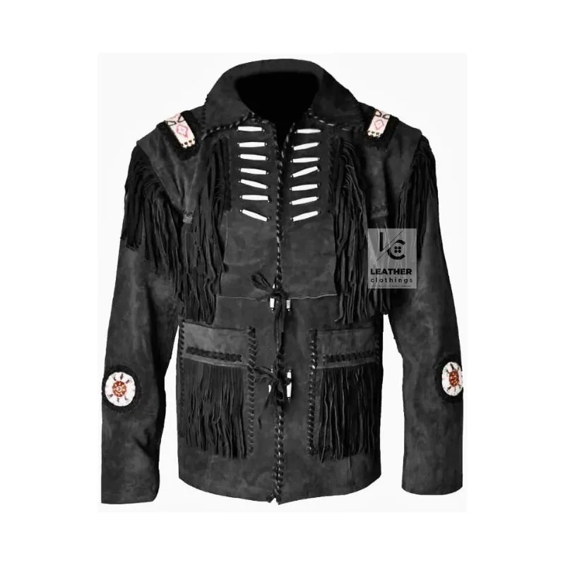 Men's black cowhide suede Western jacket with fringe, bone-style chest lacing, whip-stitched trim, and concho medallions