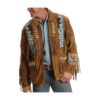 Men’s brown suede cowboy jacket with eagle beadwork and fringe detailing