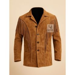 Men’s Native American suede fringe jacket with beadwork and bone accents