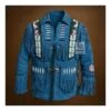 Men's blue suede eagle beaded fringe cowboy jacket with decorative bone accents