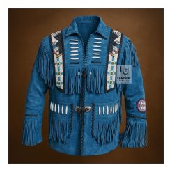 Marvelous Men Blue Suede Eagle Beaded Jacket MEBSJ2