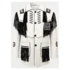 Men’s white suede Western fringe jacket with black contrast fringe and bone-style chest detailing