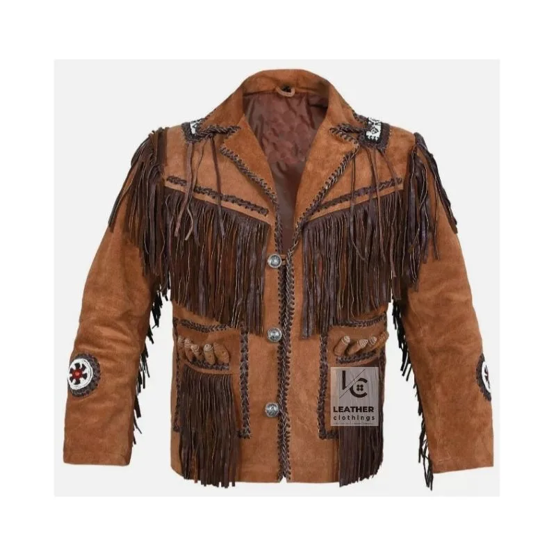 Men's Rustic Outback fringe suede leather jacket with cartridge-loop pocket accents and braided trim
