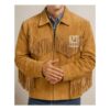 Men’s brown Western leather jacket with fringes and bead detailing