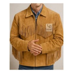Men’s brown Western leather jacket with fringes and bead detailing