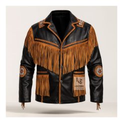 Men’s black leather fringe jacket with beadwork in Western cowboy style