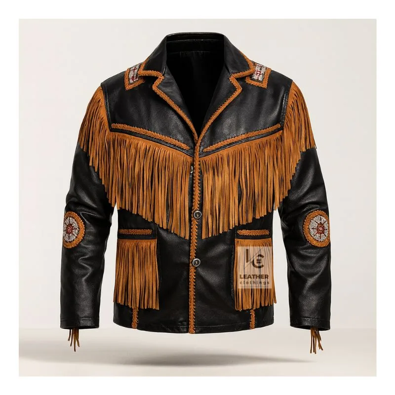 Men’s black leather Western fringe jacket with brown contrast fringe