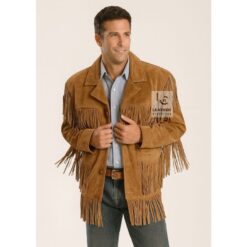 Men’s brown suede fringe jacket with Western‑style detailing and soft suede texture