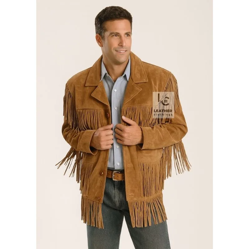 Men’s brown suede fringe long jacket with lapel collar and Western detailing