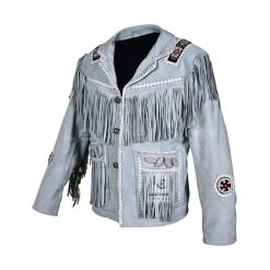 Men's Gray Suede Western Jacket Fringed And Beaded MSWJ103G