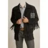 Men’s black suede fringe long jacket with lapel collar and Western detailing