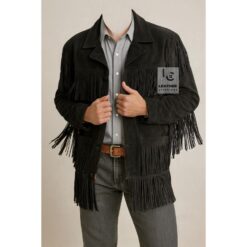 Men’s black Native‑style leather jacket with fringes and handcrafted beadwork
