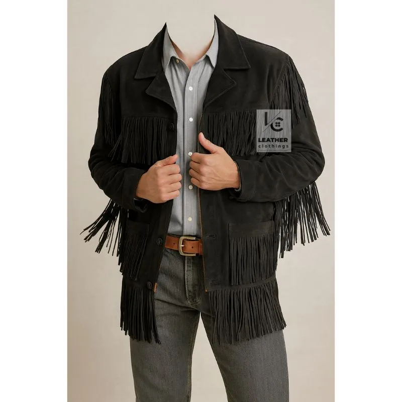 Men’s Western Suede Black Jacket With Fringes