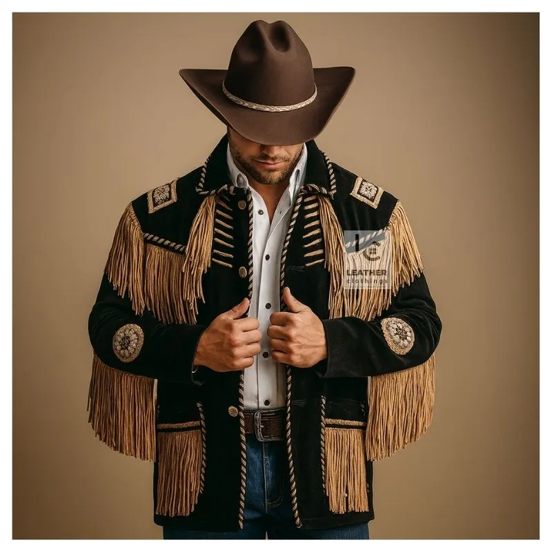 Men's black suede Western jacket with golden fringes, decorative beadwork, and handcrafted trim details