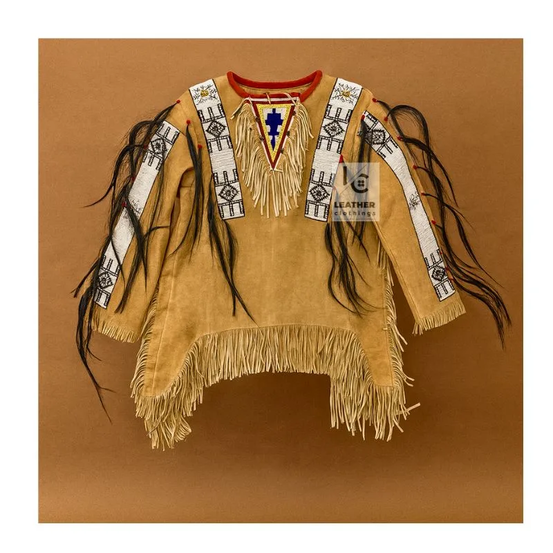 Men’s brown suede western fringe war shirt with geometric beadwork and long fringe accents