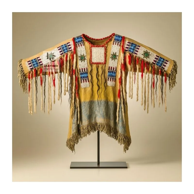 Men's Star Trail powwow style beaded buckskin fringe shirt with geometric star beadwork and long multicolor fringe