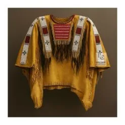 Men's Red Mesa Powwow Style Buckskin Shirt with Horsehair Fringe in golden tan suede with red geometric panels