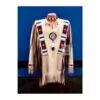 Men's spirit shield powwow style buckskin fringe shirt handcrafted from cream suede leather