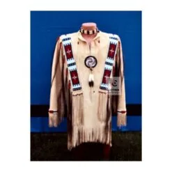 Men's spirit shield powwow style buckskin fringe shirt handcrafted from cream suede leather