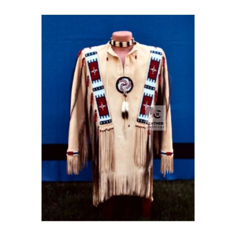 Men's spirit shield powwow style buckskin fringe shirt handcrafted from cream suede leather
