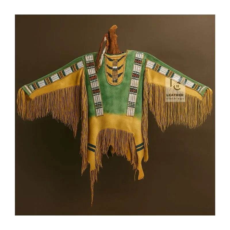 Men's Emerald Frontier Beaded Suede Fringe Shirt with handcrafted beadwork and long leather fringe