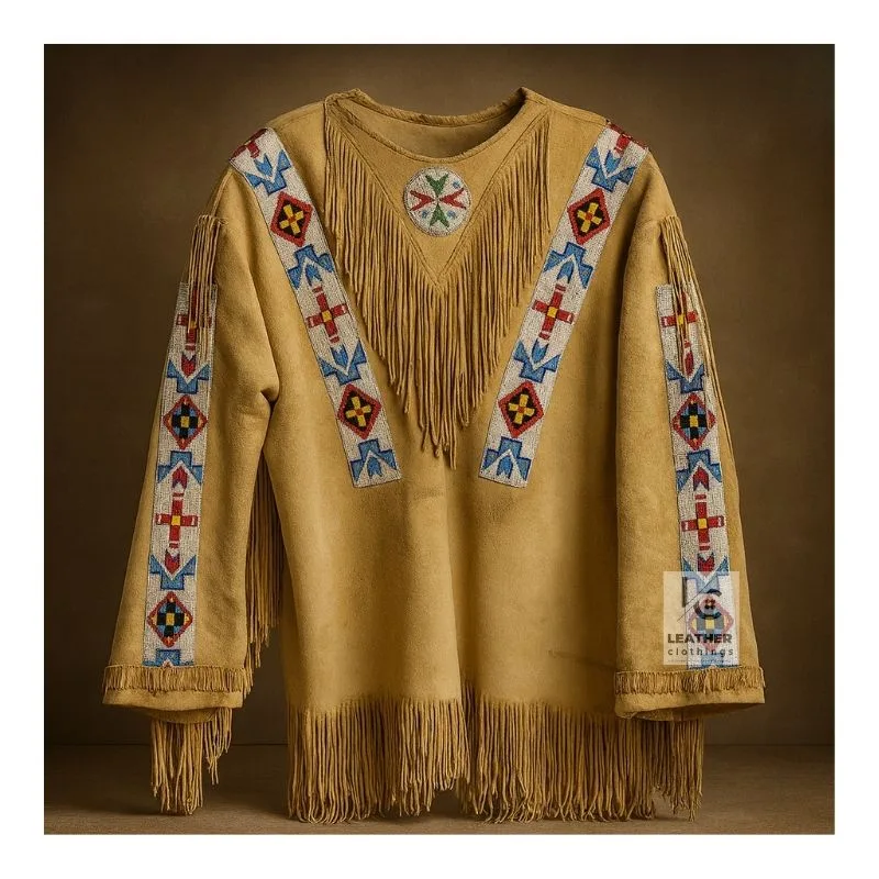 Men's Desert Mesa Beaded Suede Fringe Shirt with geometric beadwork and circular chest medallion